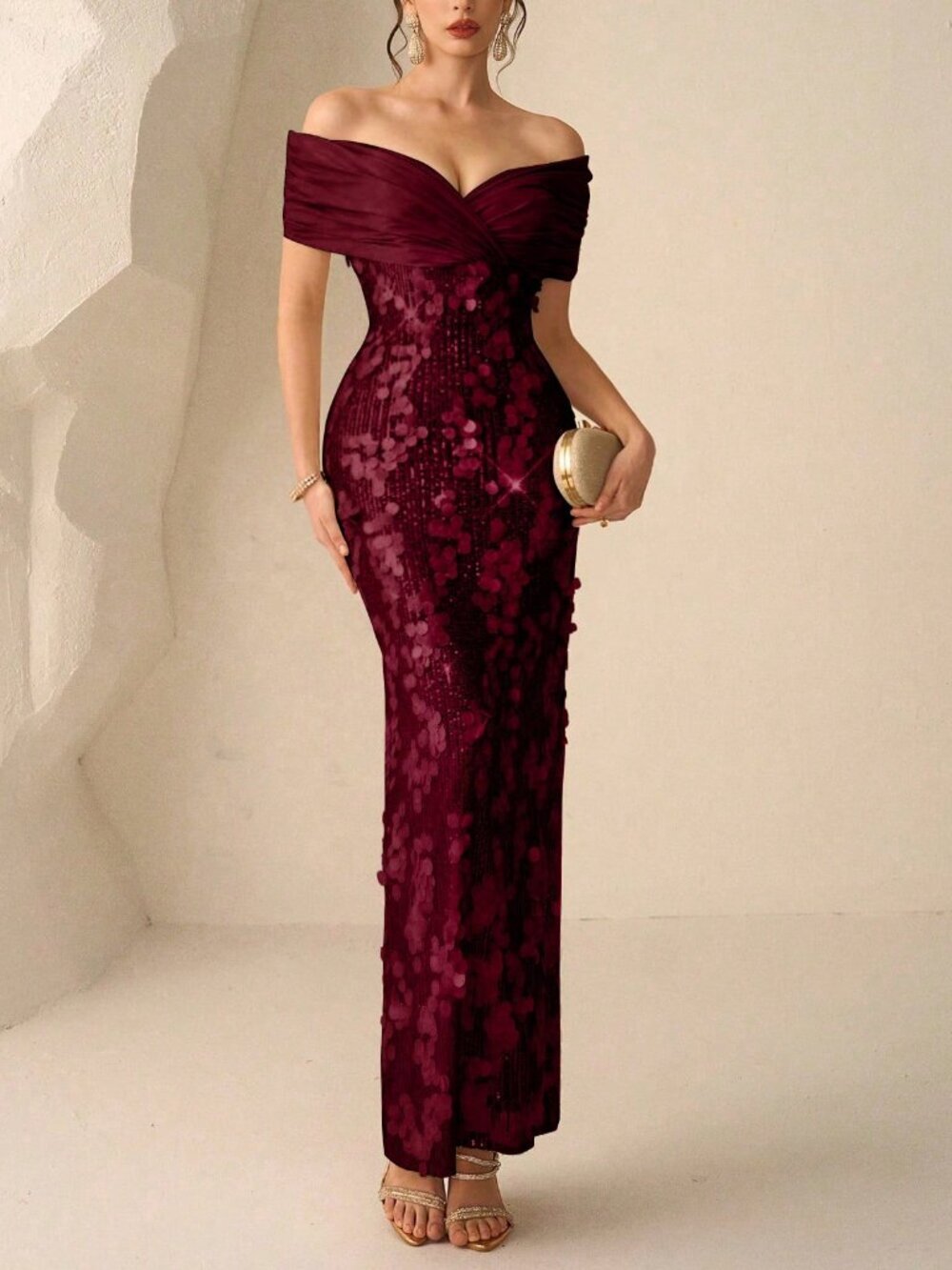 Burgundy Elegant Women's Off Shoulder Long Sleeve sequin Evening Wedding Party